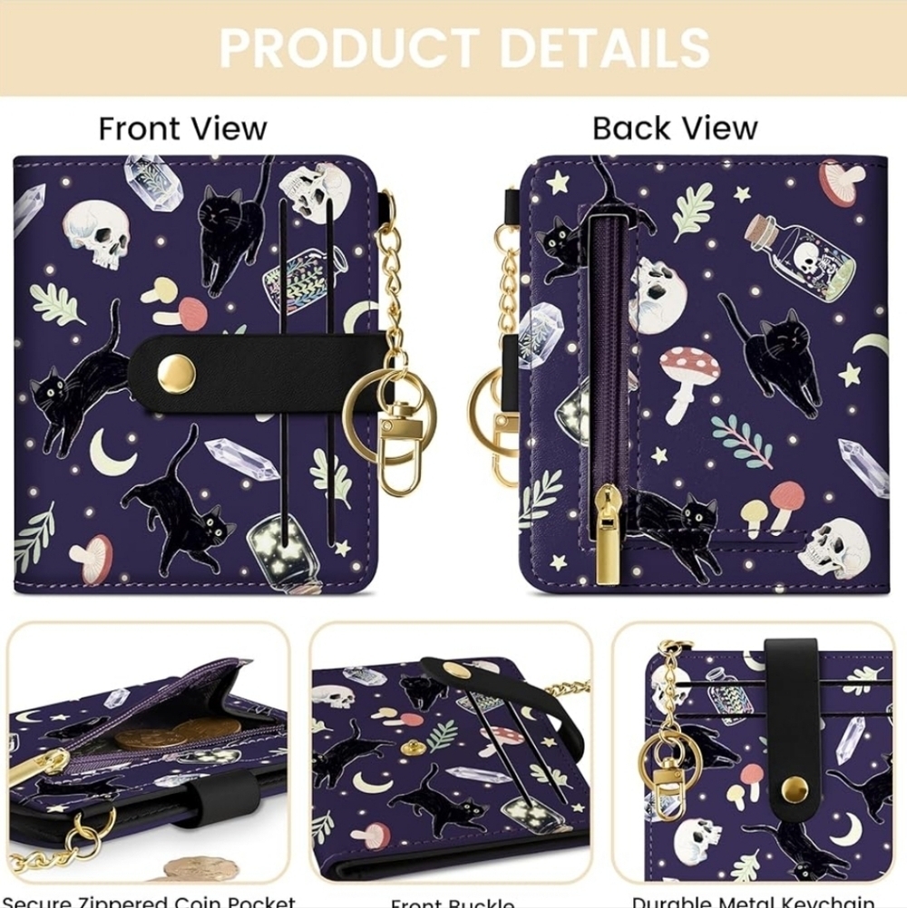 Black Cat Pattern Wallet with Gold Chain - Picture 5 of 7
